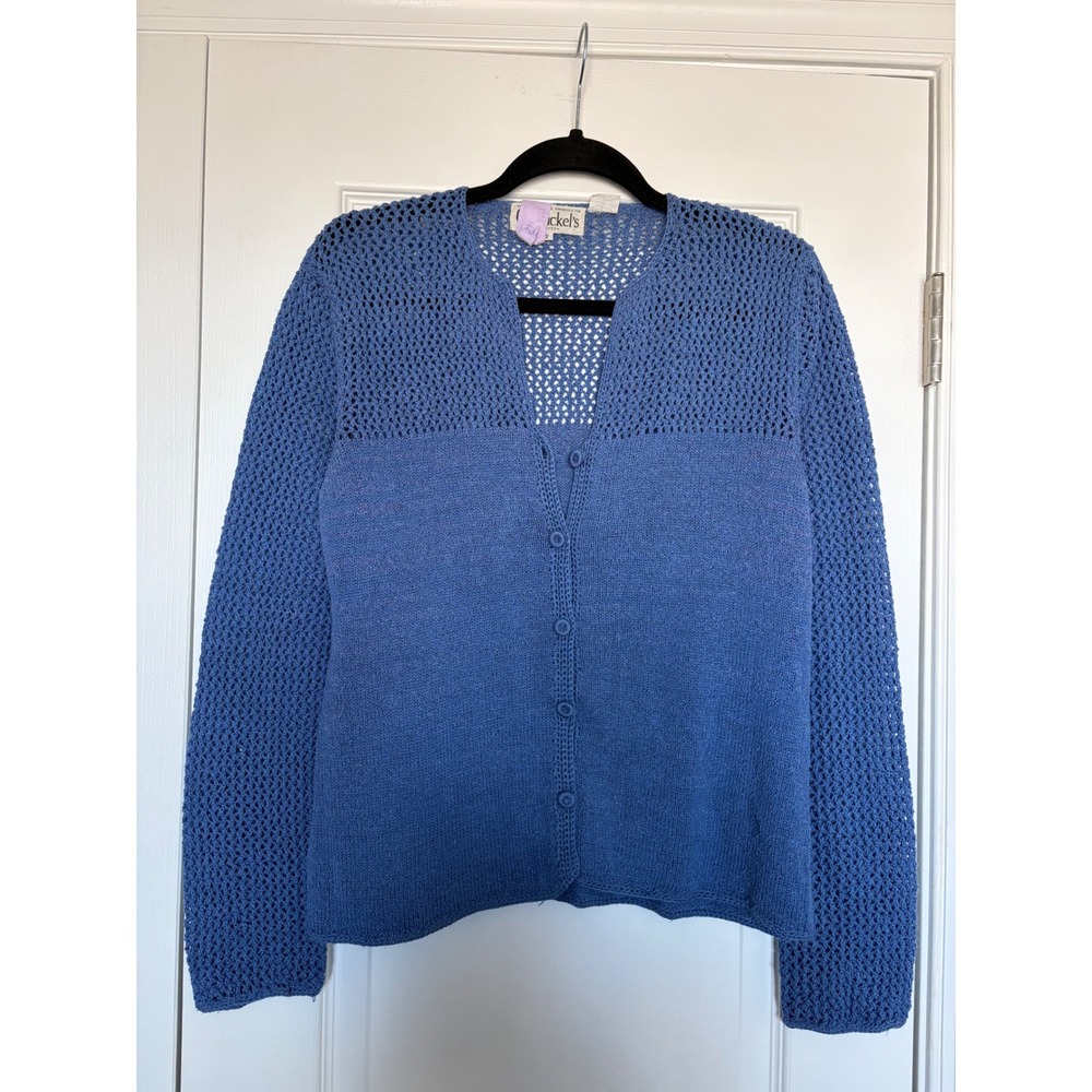 Garfinckels Vintage Blue Mixed Knit Crochet Cardigan Sweater Size 12 V-Neck